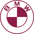BMW logo with alternating maroon and white quadrants inside a circle, and the letters 