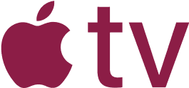 Apple TV logo with a maroon apple icon followed by the letters "tv" in lowercase, displayed on a light gray background.