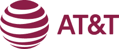 AT&T logo featuring a maroon globe with horizontal stripes next to the text 