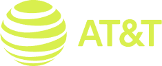 AT&T logo in light yellow with a globe symbol composed of curved lines next to the text 