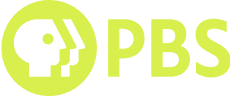 PBS logo in light green, featuring a graphic profile of a human face within a circle, next to the letters 