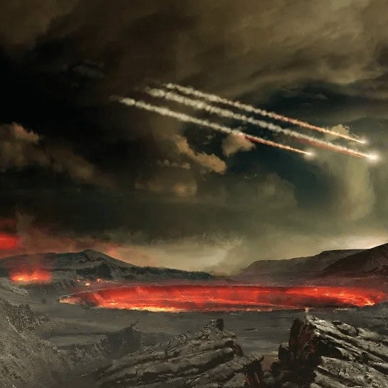A barren, rocky landscape with glowing lava pools and dark clouds. Three meteors streak across the sky, leaving bright trails above the desolate terrain.