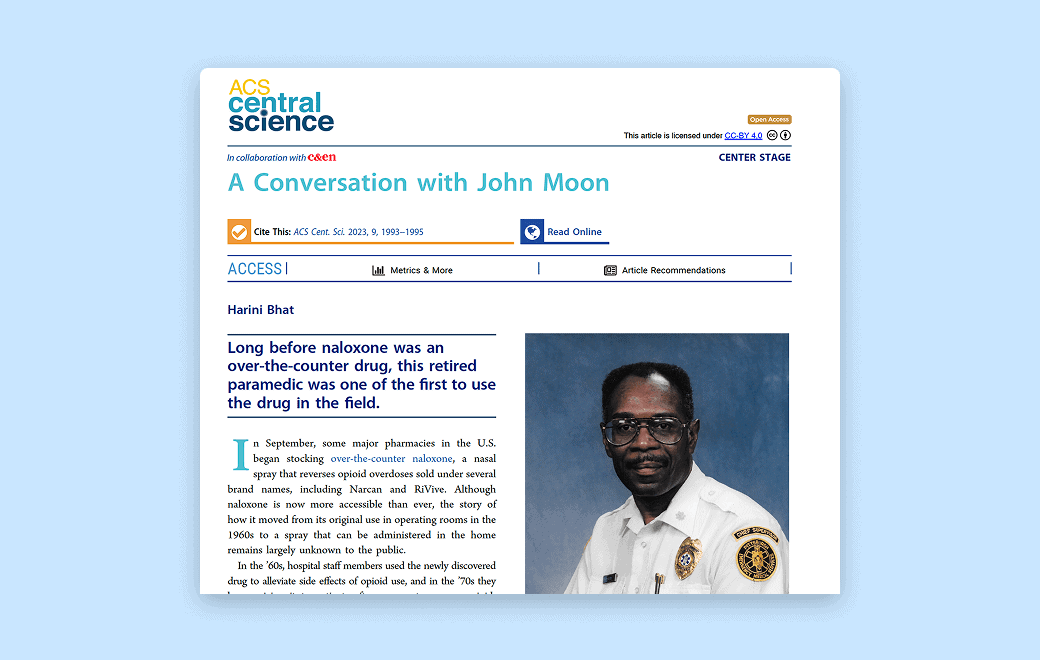 Screenshot of an ACS Central Science article titled "A Conversation with John Moon," featuring a portrait of John Moon in a paramedic uniform and introductory text about his work with naloxone.