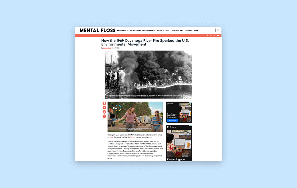 Screenshot of a Mental Floss article titled "How the 1969 Cuyahoga River Fire Sparked the U.S. Environmental Movement," featuring a black and white photo of a river fire.