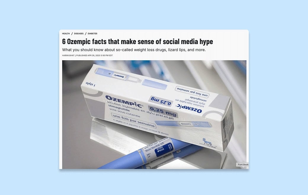 A box and injection pen of Ozempic are displayed next to each other on a metallic surface, accompanying a headline about Ozempic facts and social media hype.